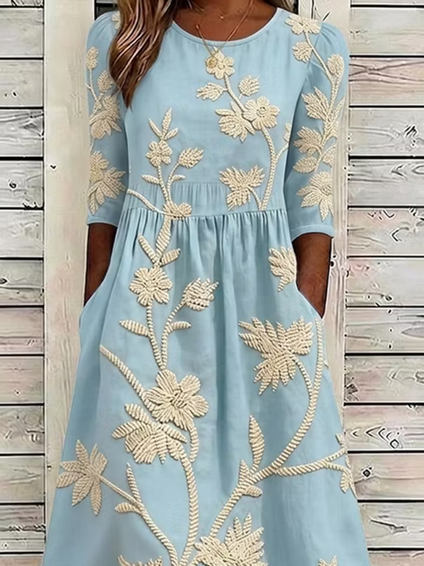 Women's Half Sleeve Summer Blue Floral Printing Crew Neck Daily Going Out Casual Maxi H-Line Dress