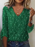 Geometric Print Velvet Casual Loose V neck Flared Cuffs Shirt