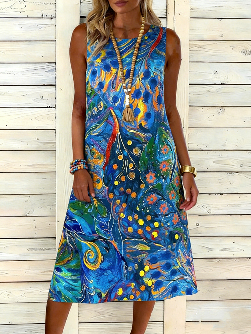 Casual Psychedelic Art Cotton Dress With No