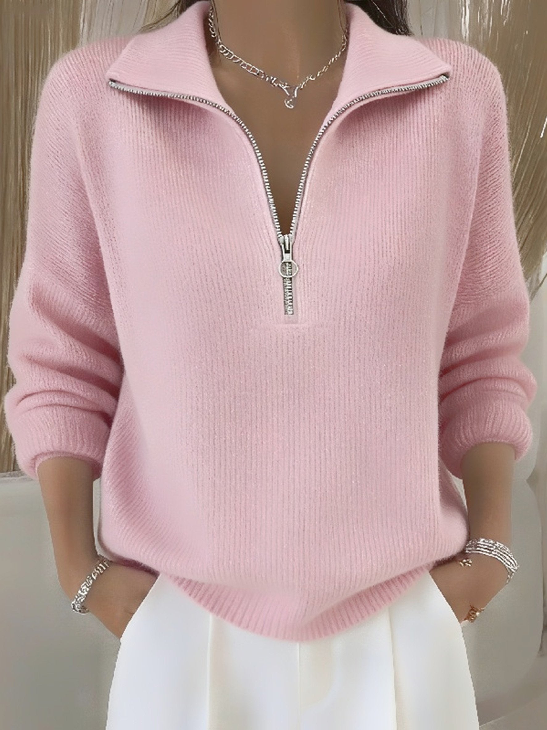 Women's Plain Elegant Yarn/Wool Shawl Collar Zipper Sweater