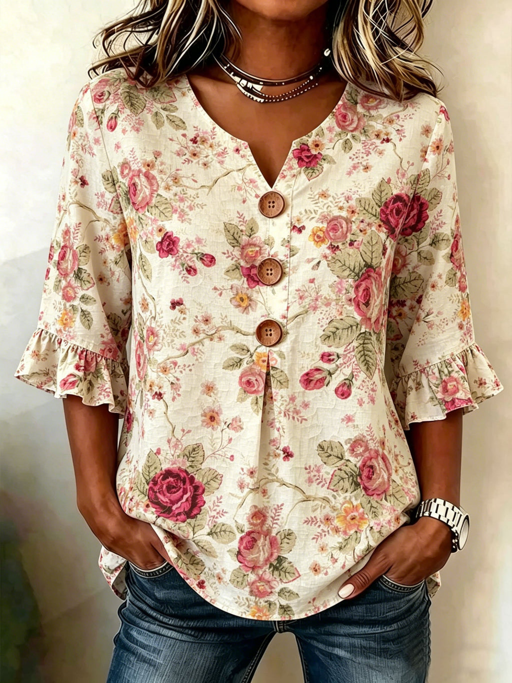 Women's Retro Floral Print Half Sleeve Ruffle Cuff Blouse Summer V Neck Button Daily Going Out Vintage Top