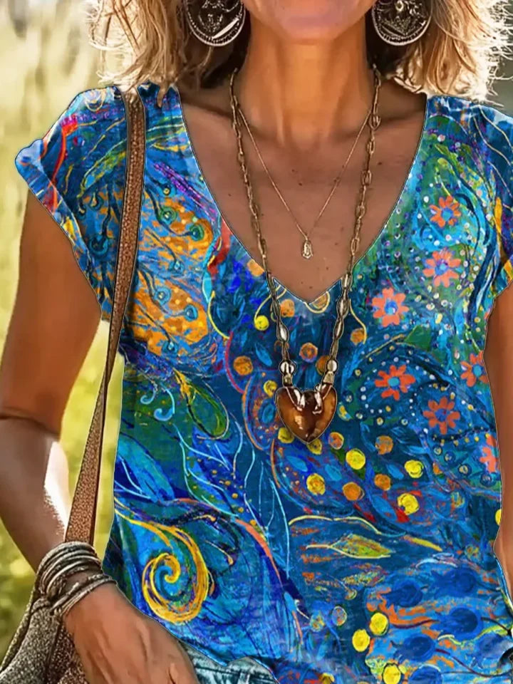 Women's Short Sleeve T-shirt Summer Blue Abstract Printing V Neck Daily Going Out Casual Top