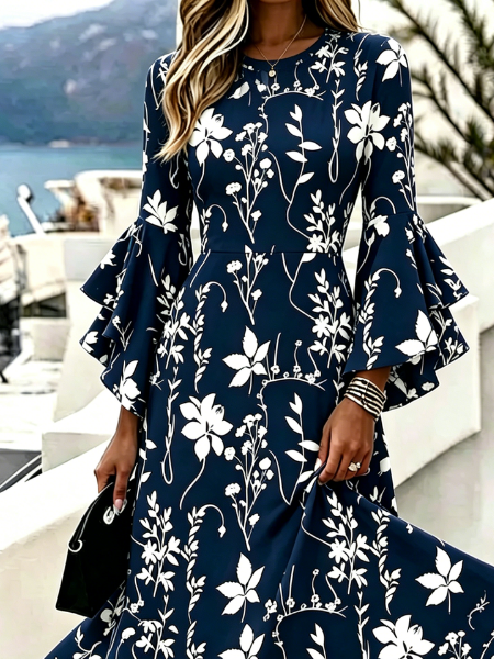 Regular Fit Bell Sleeve V Neck Floral Elegant Dress With No