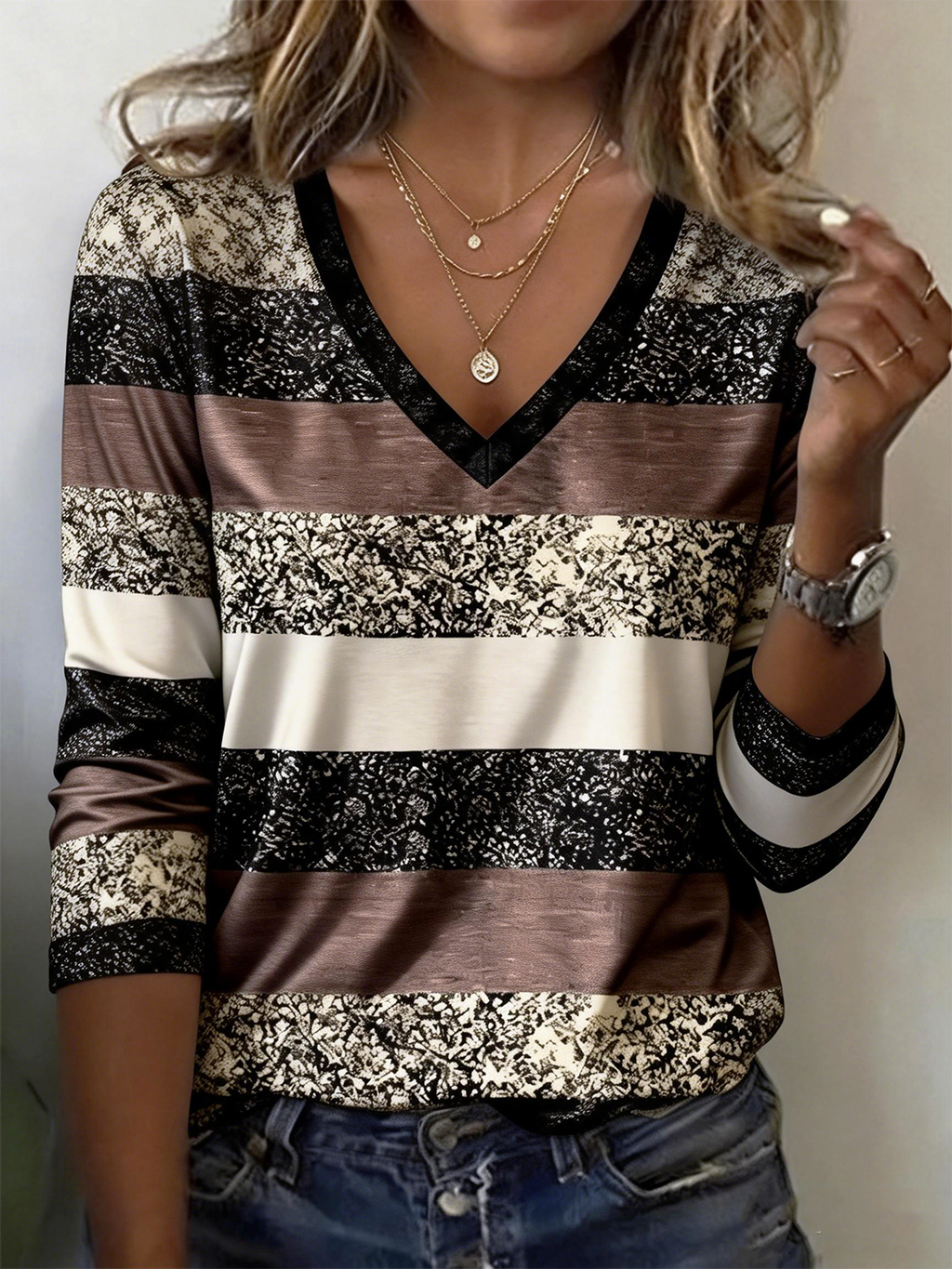 Casual Cotton-Blend Striped T-Shirt