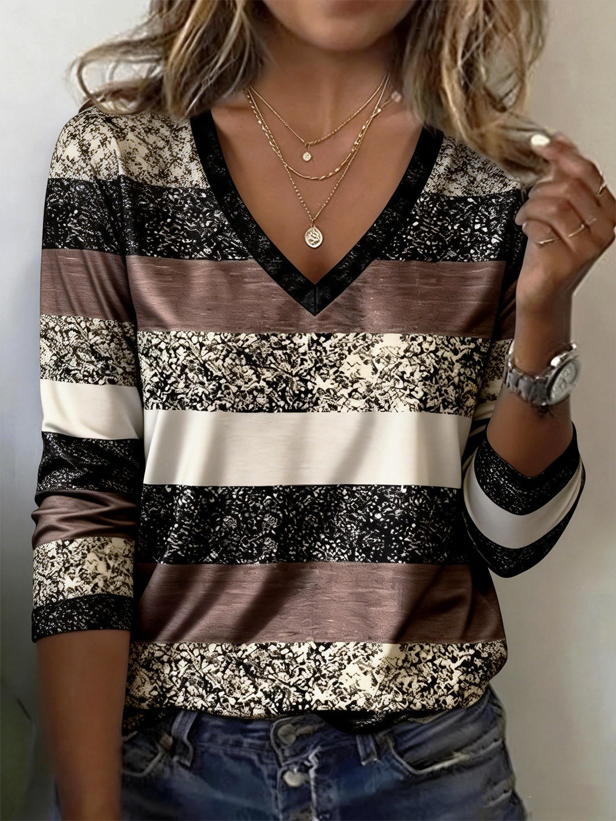 Casual Cotton-Blend Striped T-Shirt