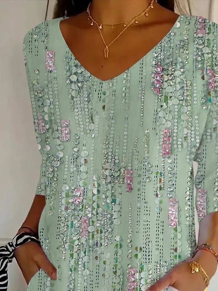 Women's Three Quarter Sleeve T-shirt Spring/Fall Green Abstract Printing V Neck Daily Going Out Casual Top