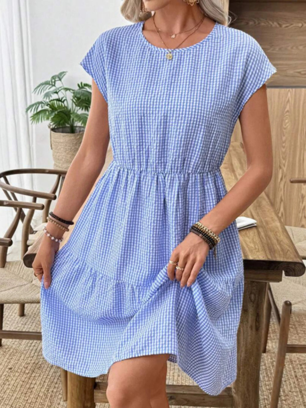 Plaid Round Nck Short Sleeve Slim Waist Summer Casual Dress