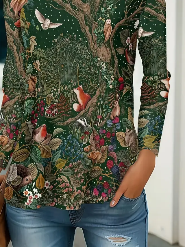 Women's Long Sleeve T-shirt Spring/Fall Green Floral Printing Jersey Crew Neck Daily Going Out Casual Top