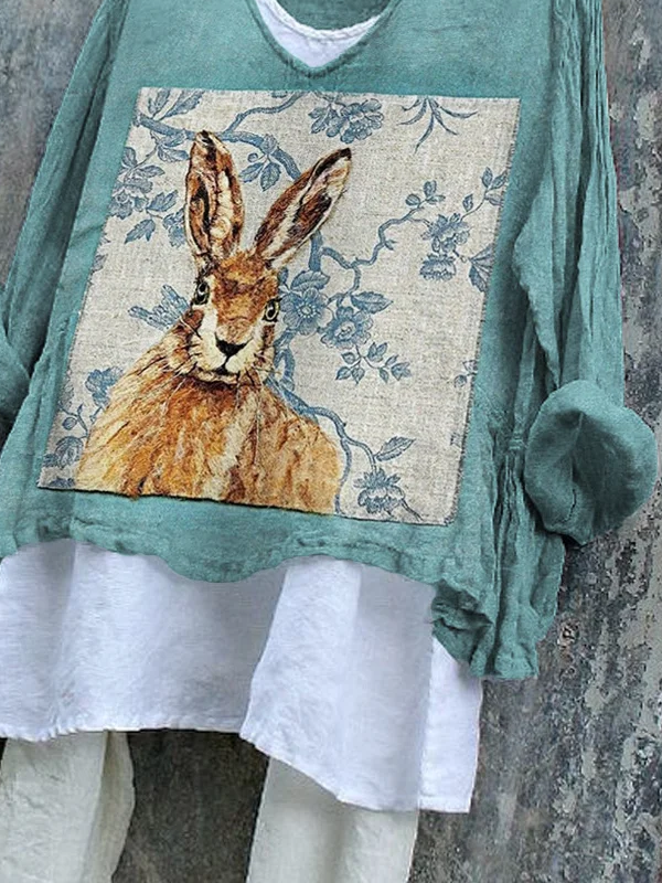Women's Long Sleeve Blouse Spring/Fall Cyan Easter (rabbit) Printing V Neck Daily Going Out Casual Top