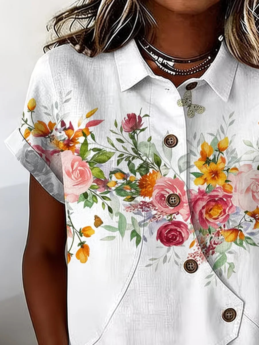 Women's Short Sleeve Shirt Summer White Floral Buckle Shawl Collar Daily Going Out Vintage Top