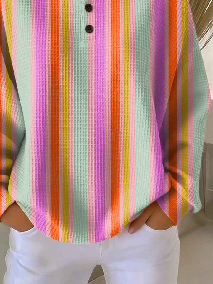 Women's Color Stripes Print Button-Up Casual Waffle Knit Sweatshirt