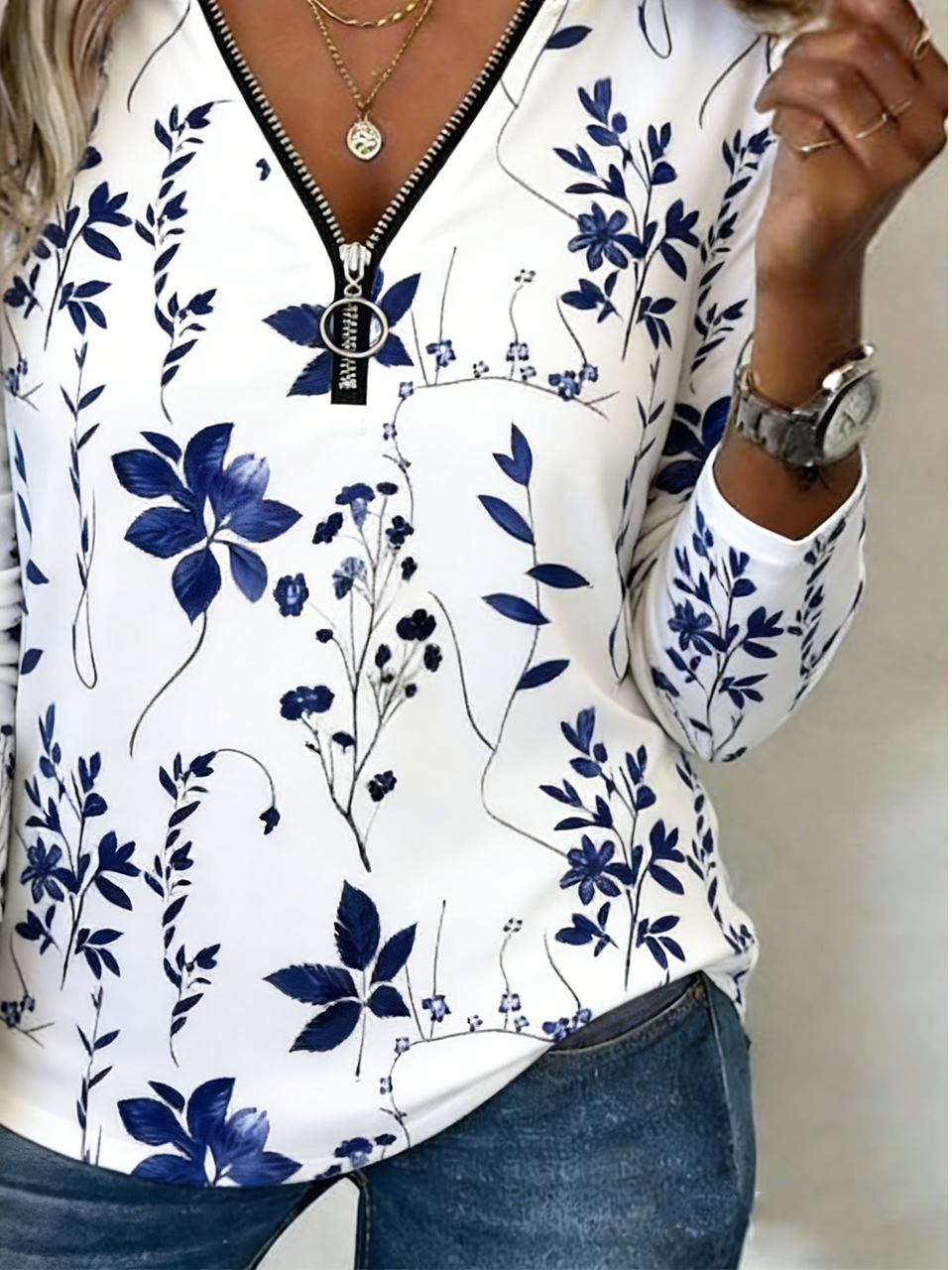 Zipper Loose Casual V Neck T-Shirt