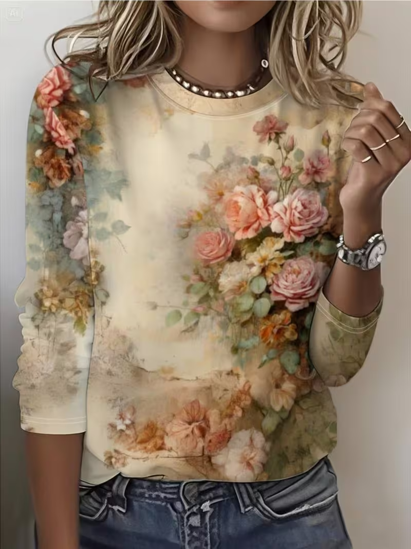 Women's Long Sleeve T-shirt Spring/Fall As Picture Floral Printing Jersey Crew Neck Daily Going Out Casual Top