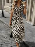 Leopard Regular Fit Elegant V Neck Dress With No