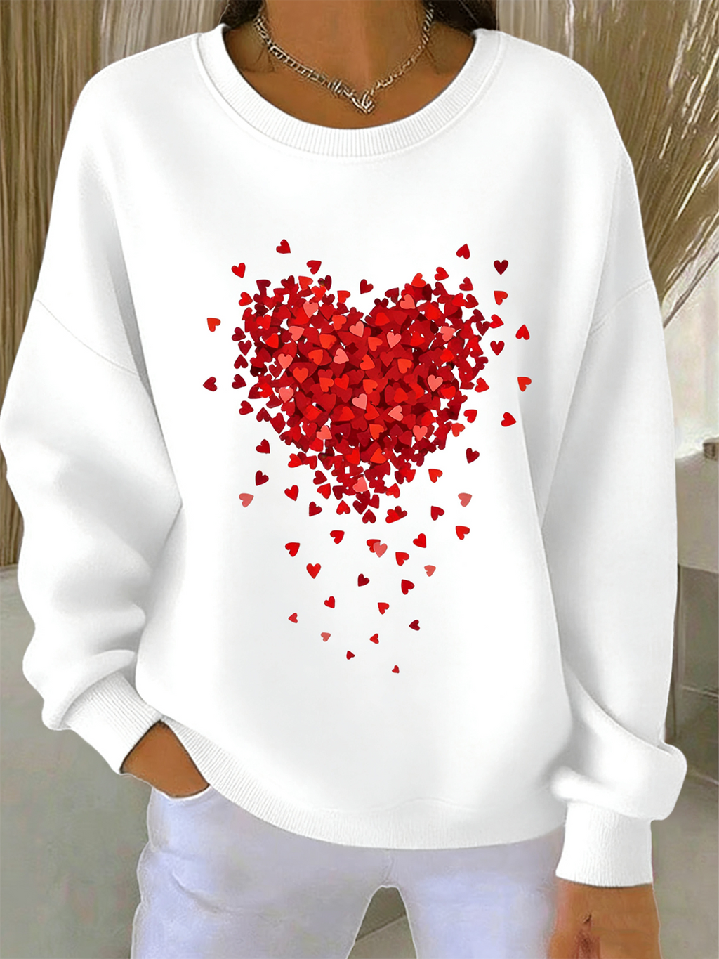 Valentine's Day Crew Neck Simple Cotton-Blend Sweatshirt