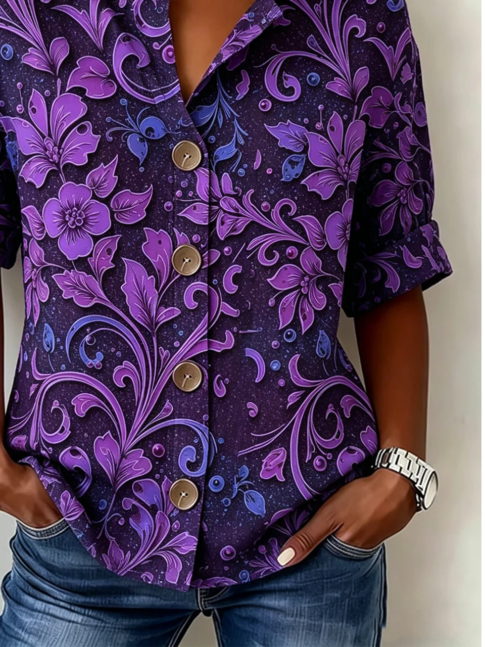 V Neck Casual Floral Loose Shirt