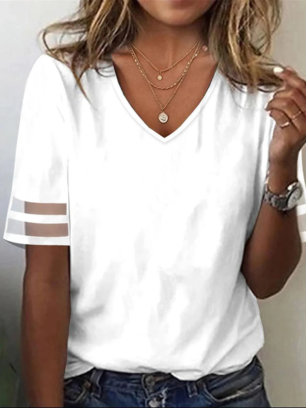 Loose V Neck Casual Mesh Striped Patchwork Design Half Sleeve T-Shirt