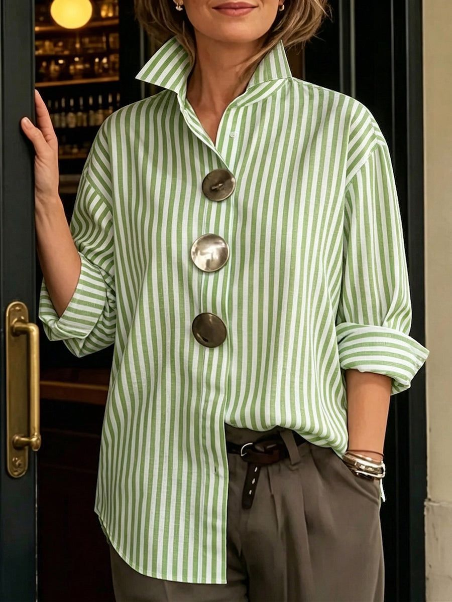 Striped Stylish Stand-collar Metal Buttons Commuting Going Out Casual Shirt