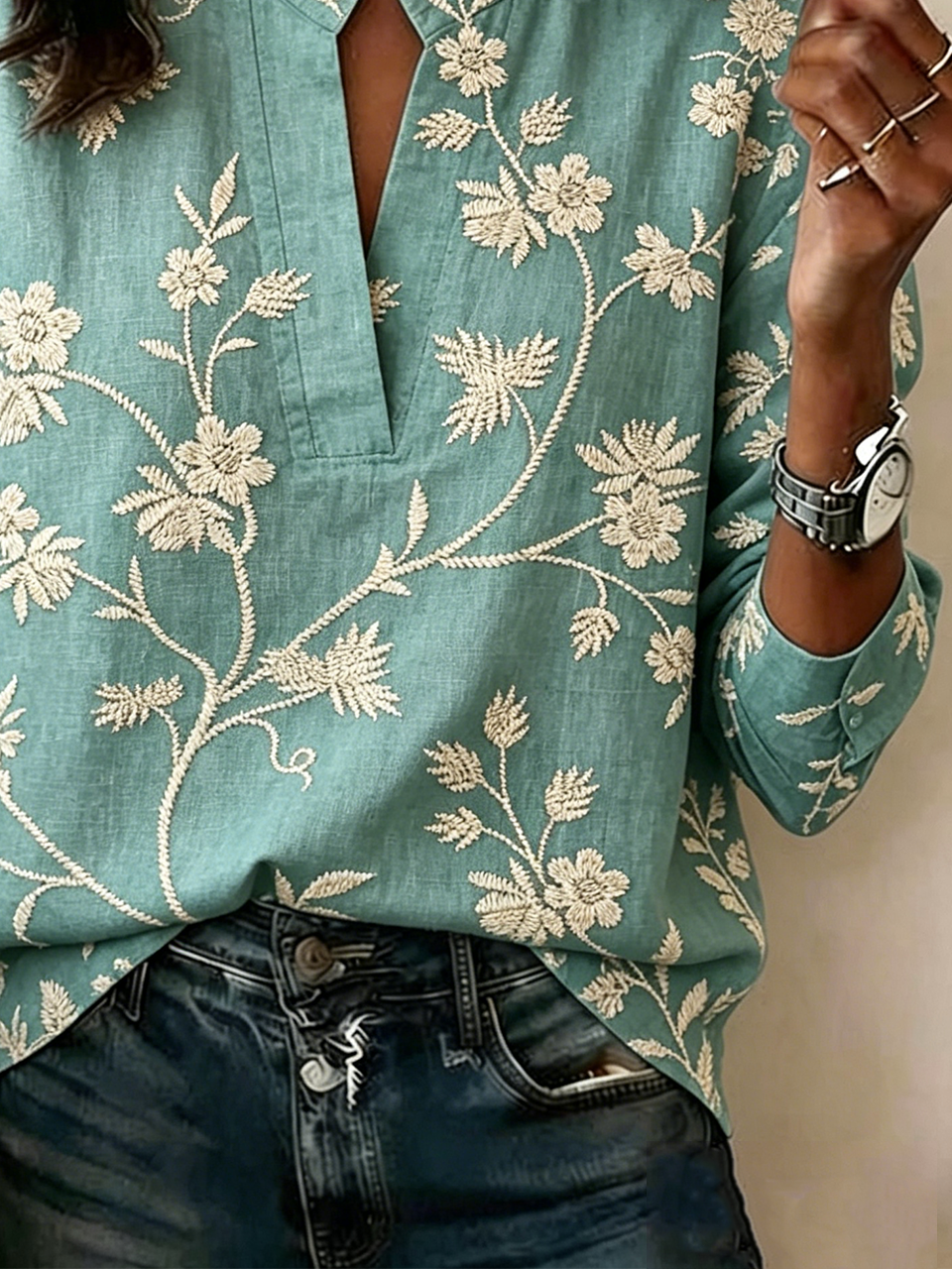 Loose Floral V Neck Vintage Blouse