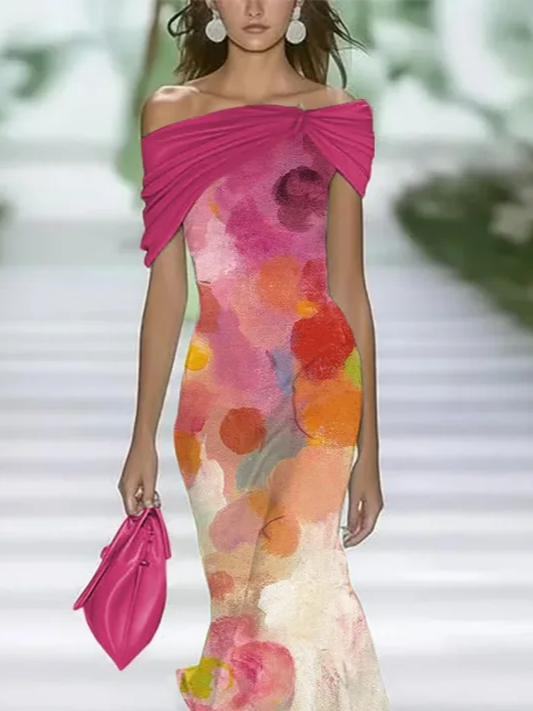 Women's Cap Sleeve Summer Pink Abstract Printing Cold Shoulder Daily Going Out Vintage Maxi H-Line Dress