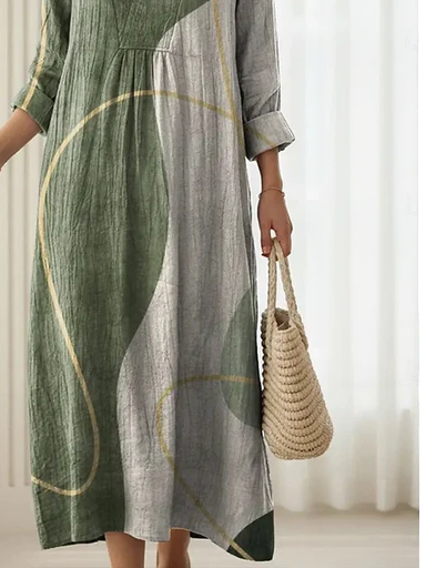 V Neck Boho Loose Linen Blend Dress With No