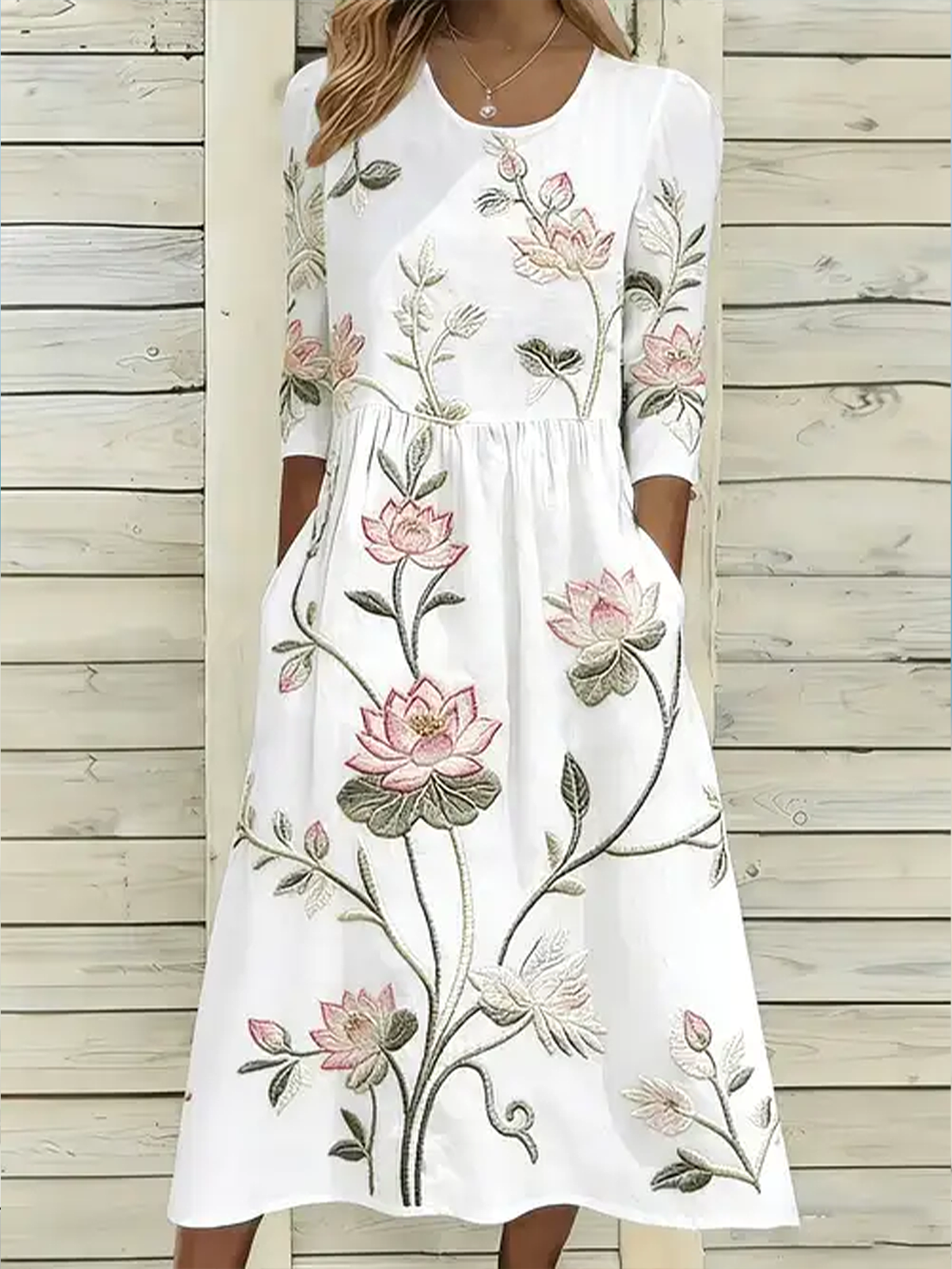 Women's Half Sleeve Summer White Floral Printing Crew Neck Daily Going Out Casual Maxi H-Line Dress