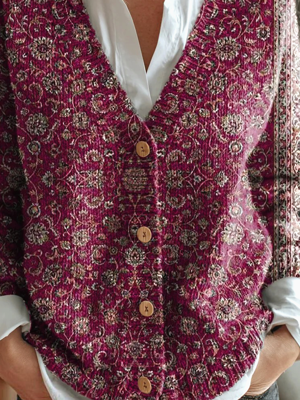 Vintage Ethnic Floral Art Print Buttoned V-neck Cardigan Sweater