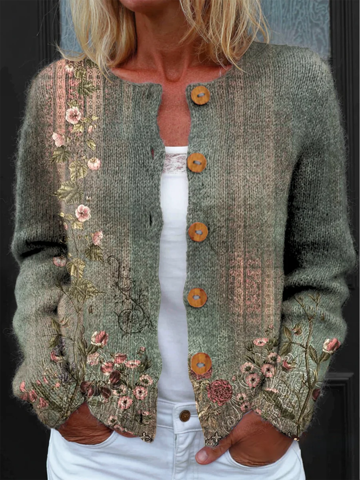 Vintage Floral Art Print Buttoned Cardigan Sweater