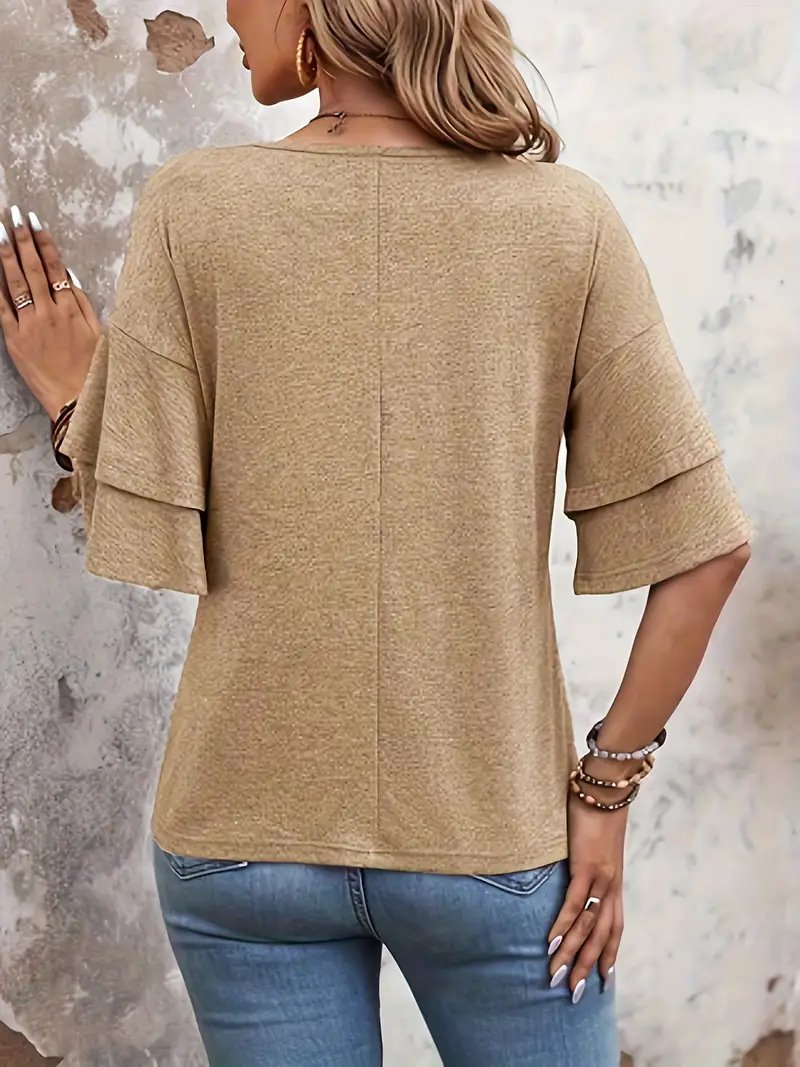 Ruffle Sleeve Elegant Loose Cotton Plain T-Shirt