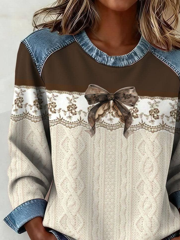 Women's Print Print Patchwork Denim Crewneck Long-Sleeved Sweatshirt