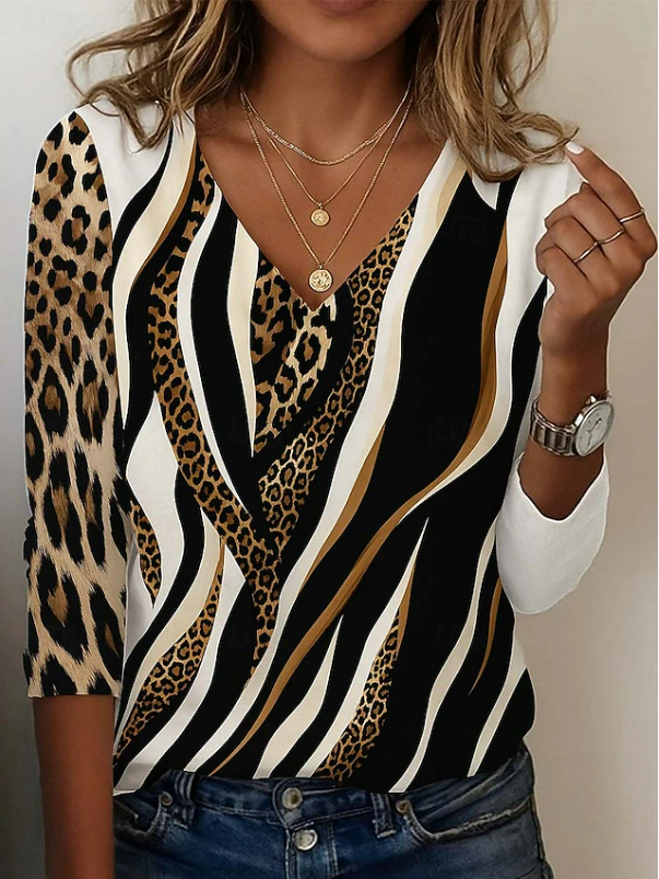 Women's Long Sleeve T-shirt Spring/Fall As Picture Leopard Printing Jersey V Neck Daily Going Out Casual Top