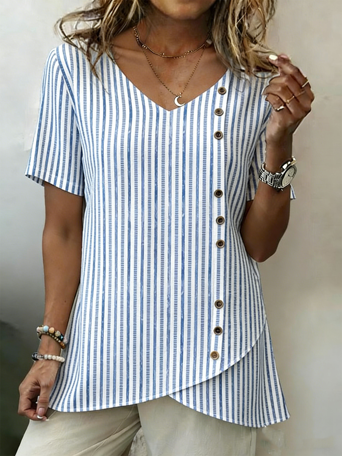 Striped Cotton And Linen Elegant V Neck Shirt