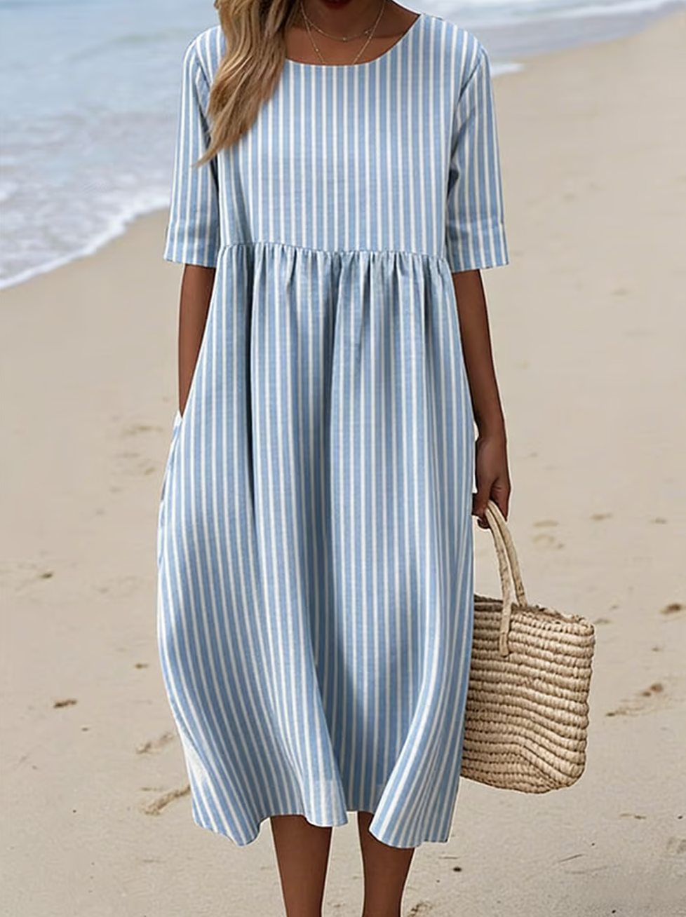Crew Neck Striped Vintage Dress With No