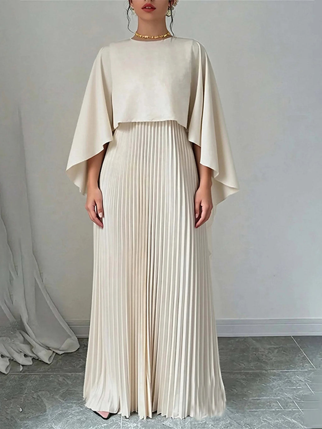 Plain Crew Neck batwing sleeve Pleated Elegant Maxi Dress