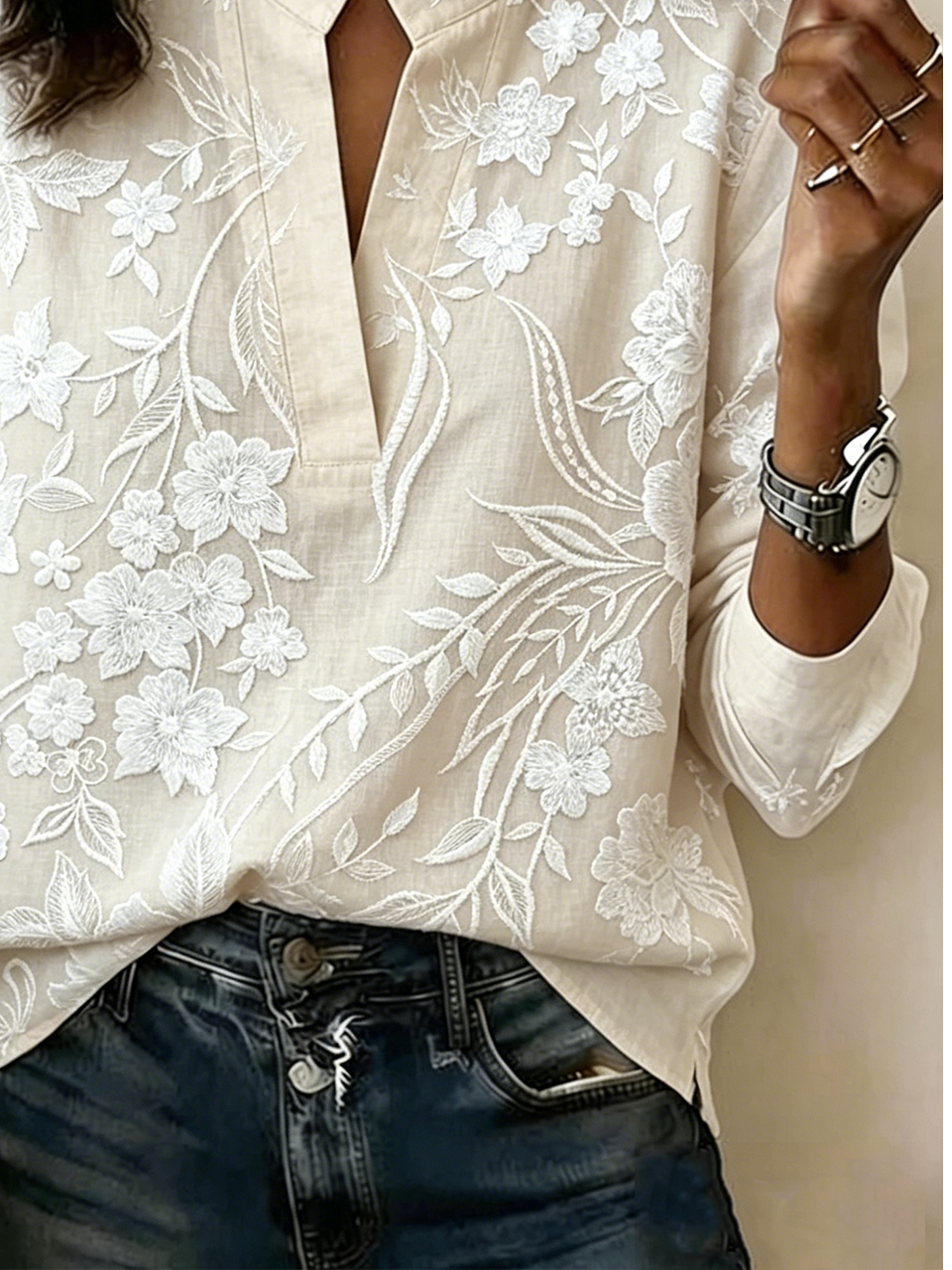 Loose Simple Floral V Neck Blouse