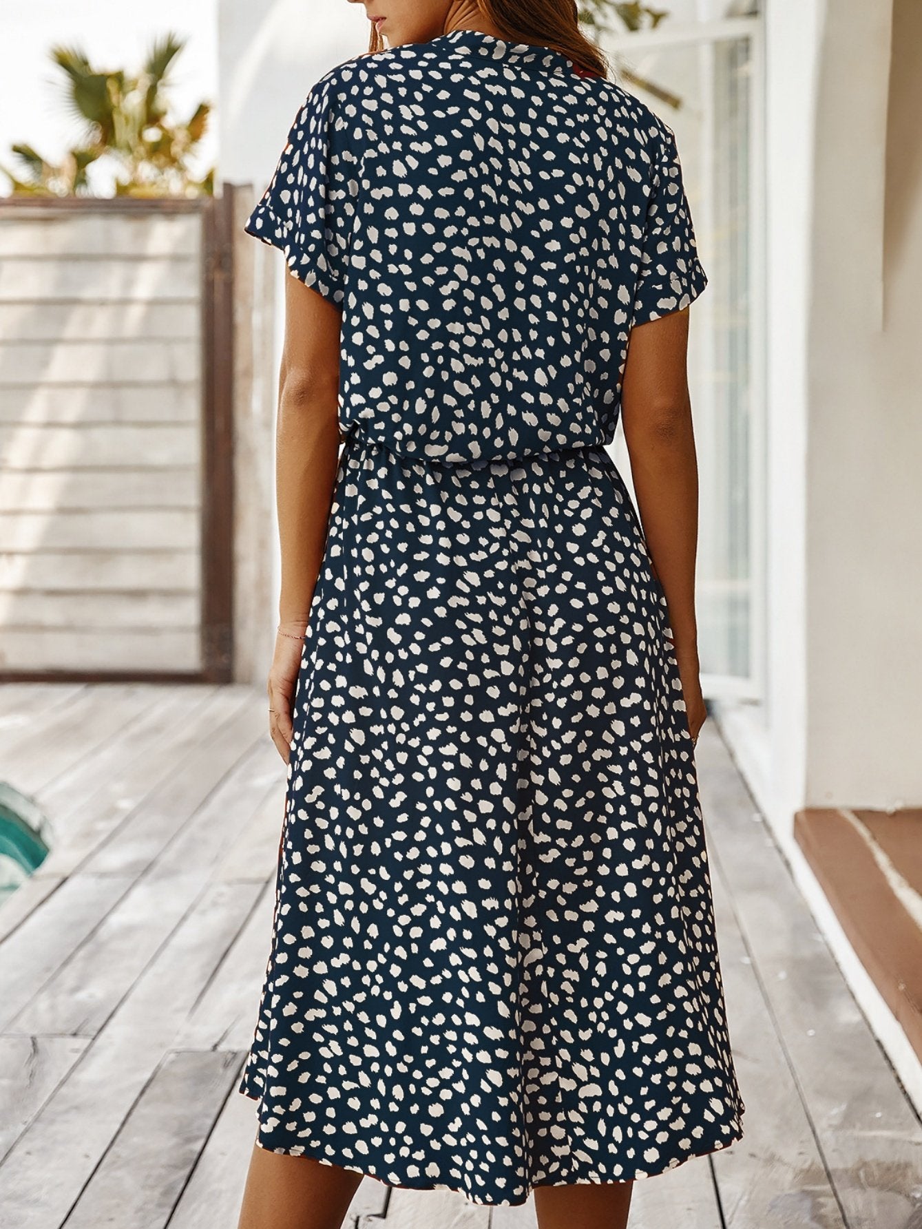 Women's Short Sleeve Summer Blue Polka Dots Split Joint V Neck Daily Going Out Vintage Maxi A-Line T-Shirt Dress Dress
