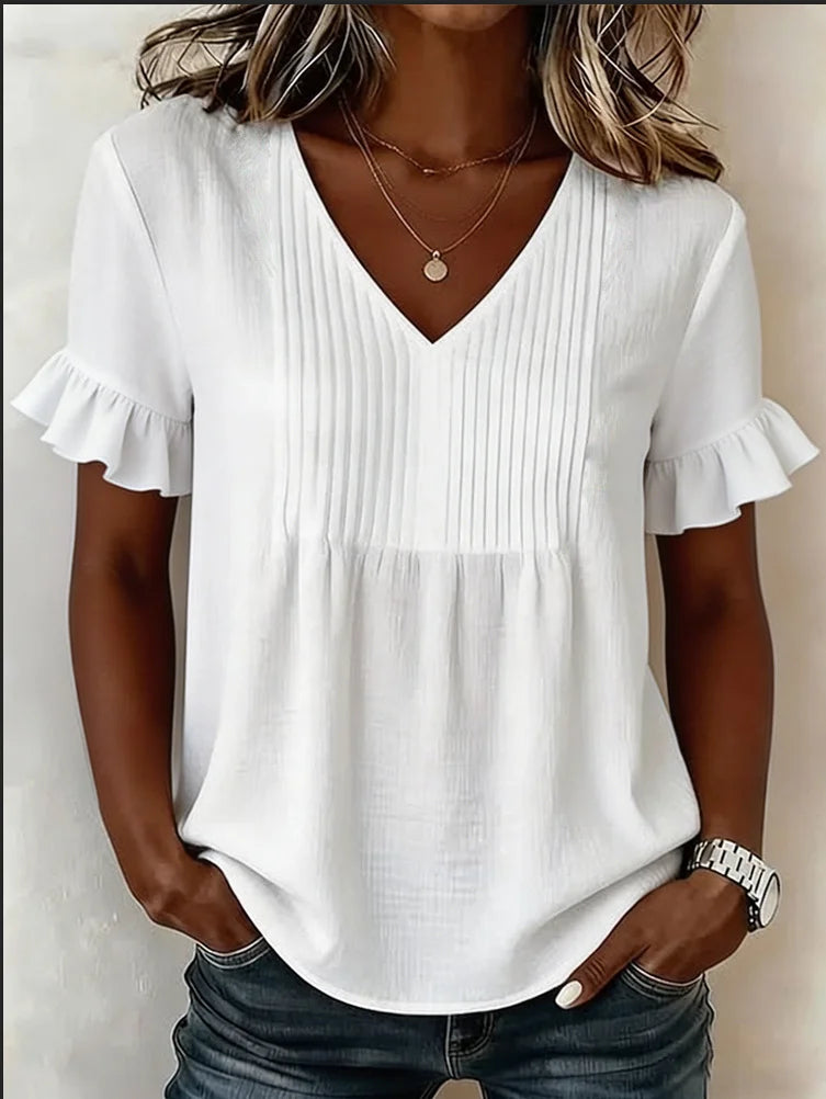 Vacation Plain V Neck Ruffle Sleeve Linen Blend Shirt