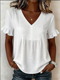 Vacation Plain V Neck Ruffle Sleeve Linen Blend Shirt