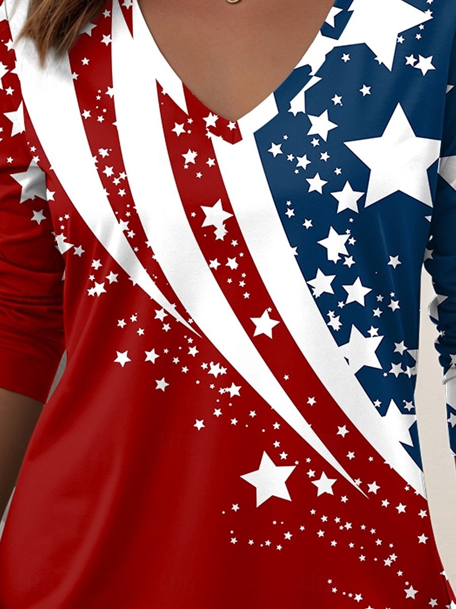 Independence Day Patriotic V-neck Long-sleeved Women's T-shirt
