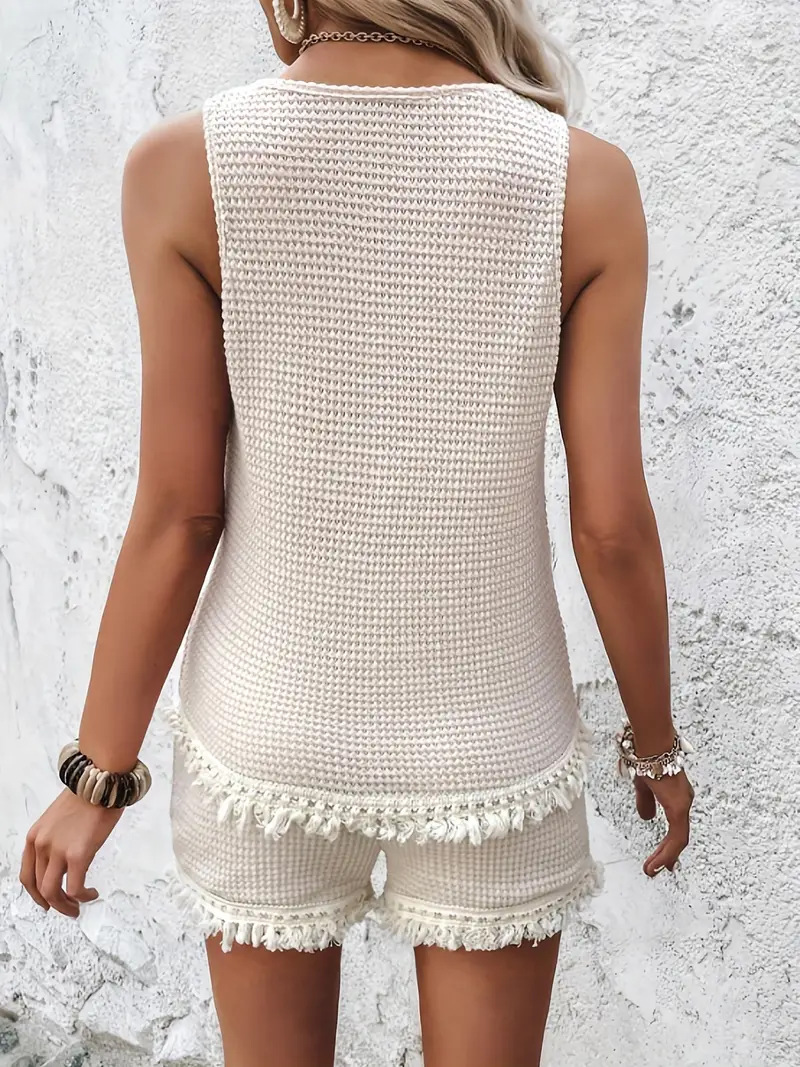 Knitted Crew Neck Sleeveless Top With Shorts Tassel Summer Two-Piece Set