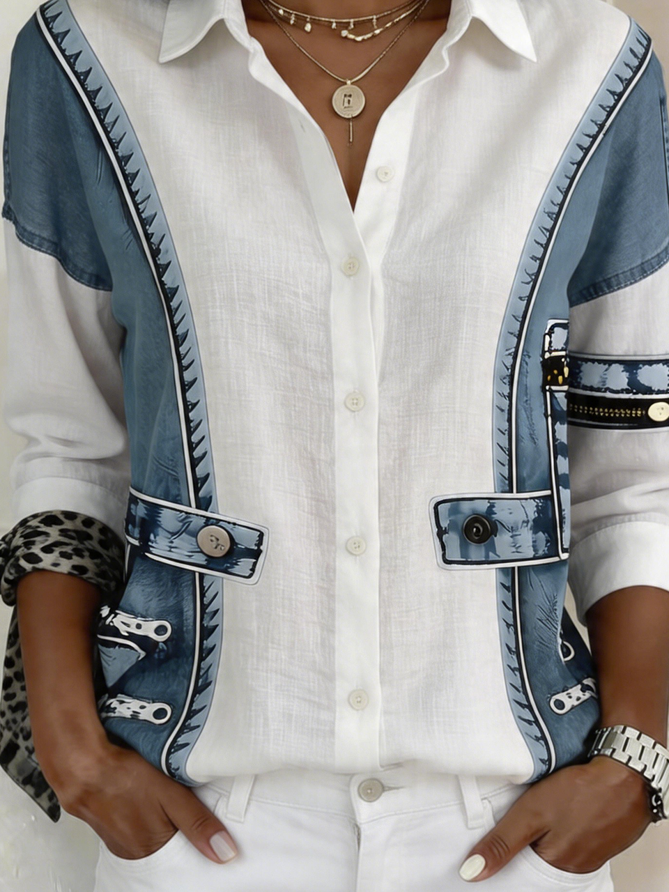 Casual Loose Faux Denim Print Graphic Shirt