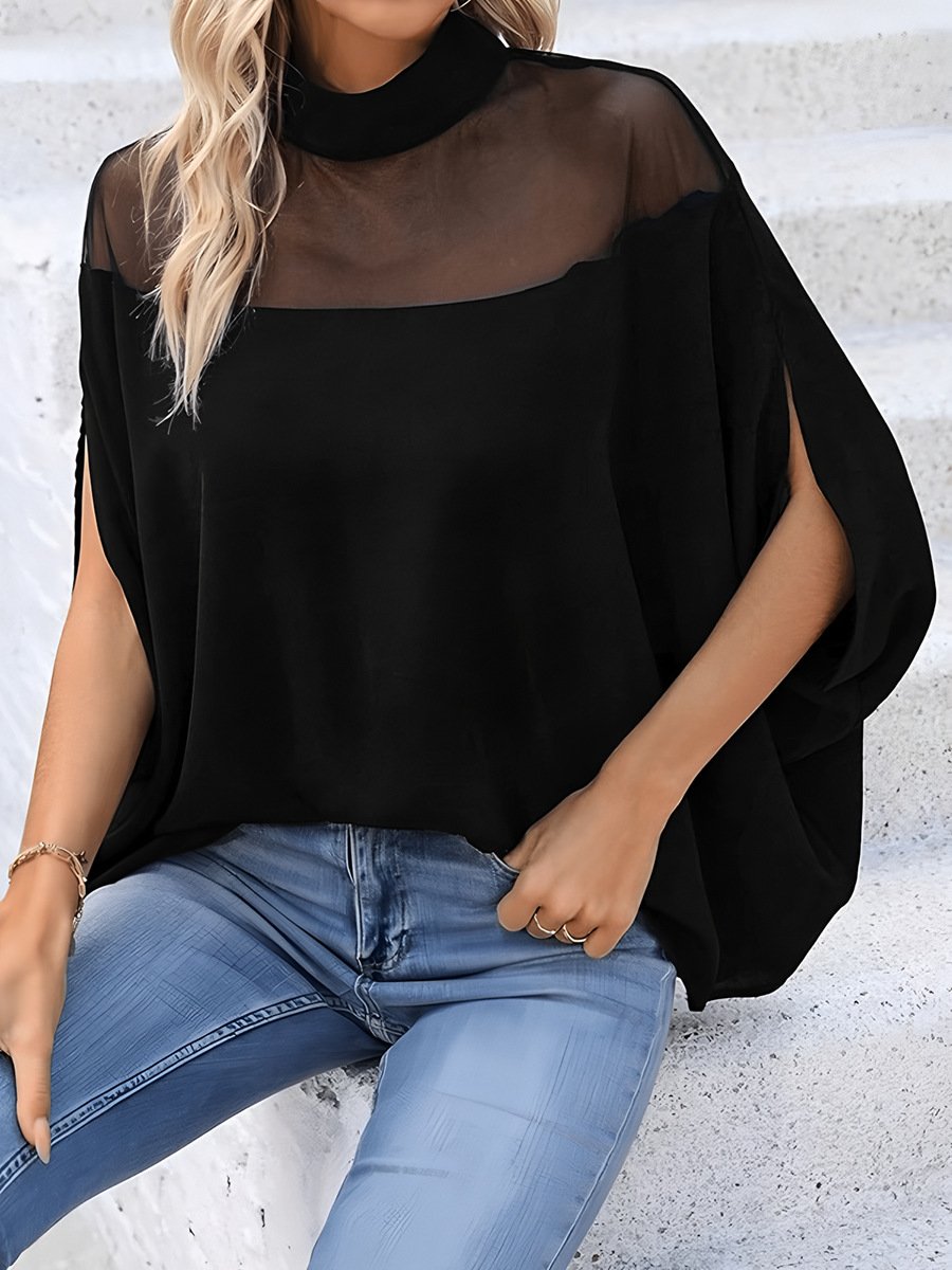 Women's Half Sleeve T-shirt Summer Black Plain Split Joint Mock Neck Dolman Sleeve Daily Going Out Casual Top