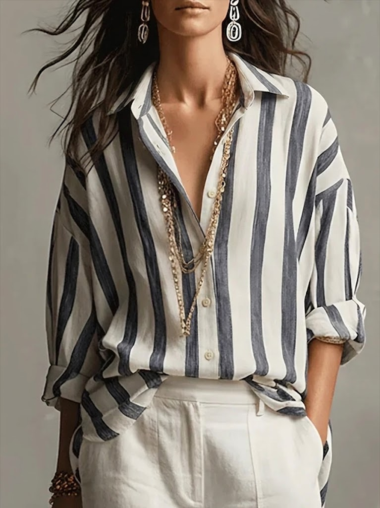 Women's Long Sleeve Shirt Spring/Fall Blue Striped Buckle Shirt Collar Regular Sleeve Daily Going Out Casual Top