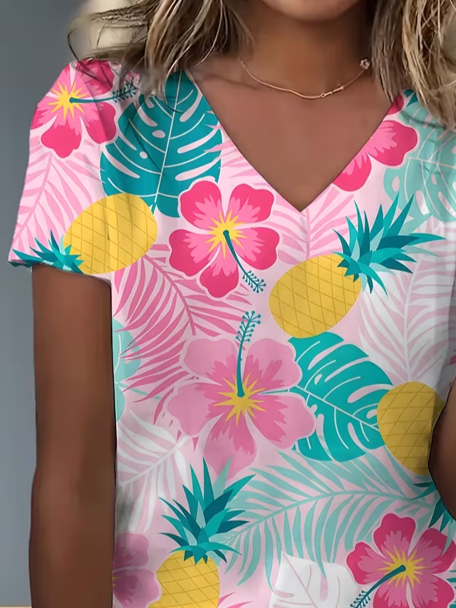 Women's Short Sleeve T-shirt Summer As Picture Floral Printing V Neck Holiday Going Out Vintage Top