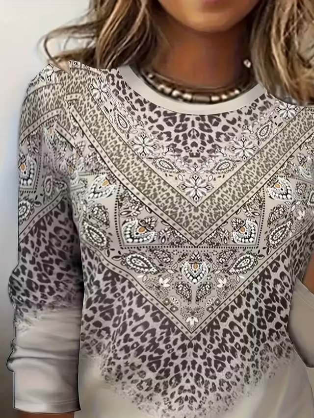 Women's Long Sleeve T-shirt Spring/Fall Khaki Abstract Printing Jersey Crew Neck Daily Going Out Casual Top