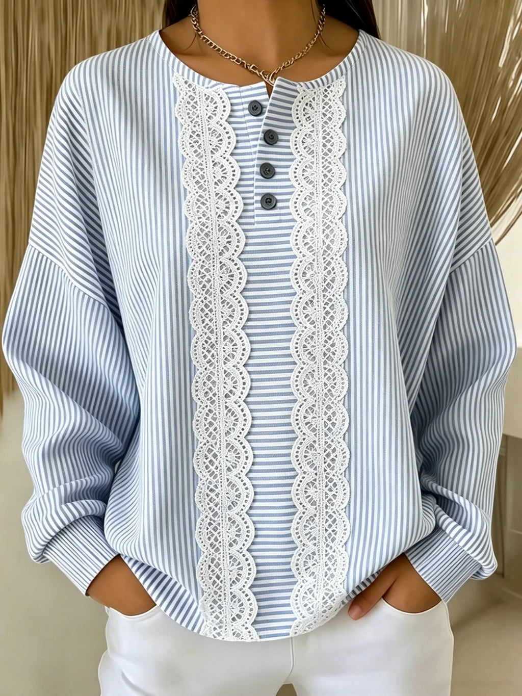 Women's Lightweight Striped Lace Print Henley Long Sleeve Sweatshirt