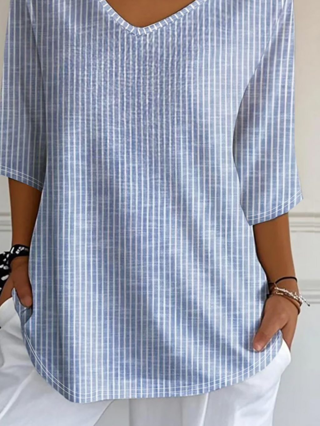 Women's Three Quarter Sleeve T-shirt Spring/Fall Blue Striped Printing V Neck Daily Going Out Casual Top