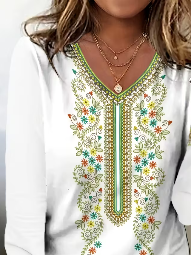 Women's Long Sleeve T-shirt Spring/Fall White Floral Printing Jersey V Neck Daily Going Out Casual Top