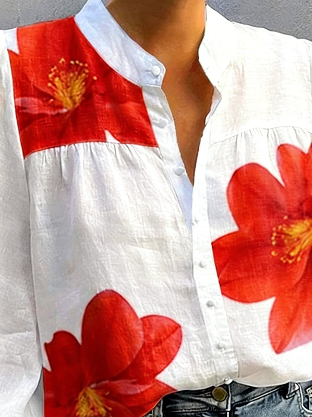 3D Printing Big Scale Flower Printing Long Sleeve Smock Cuff Stand Collar Loose Going Out Casual Shirt