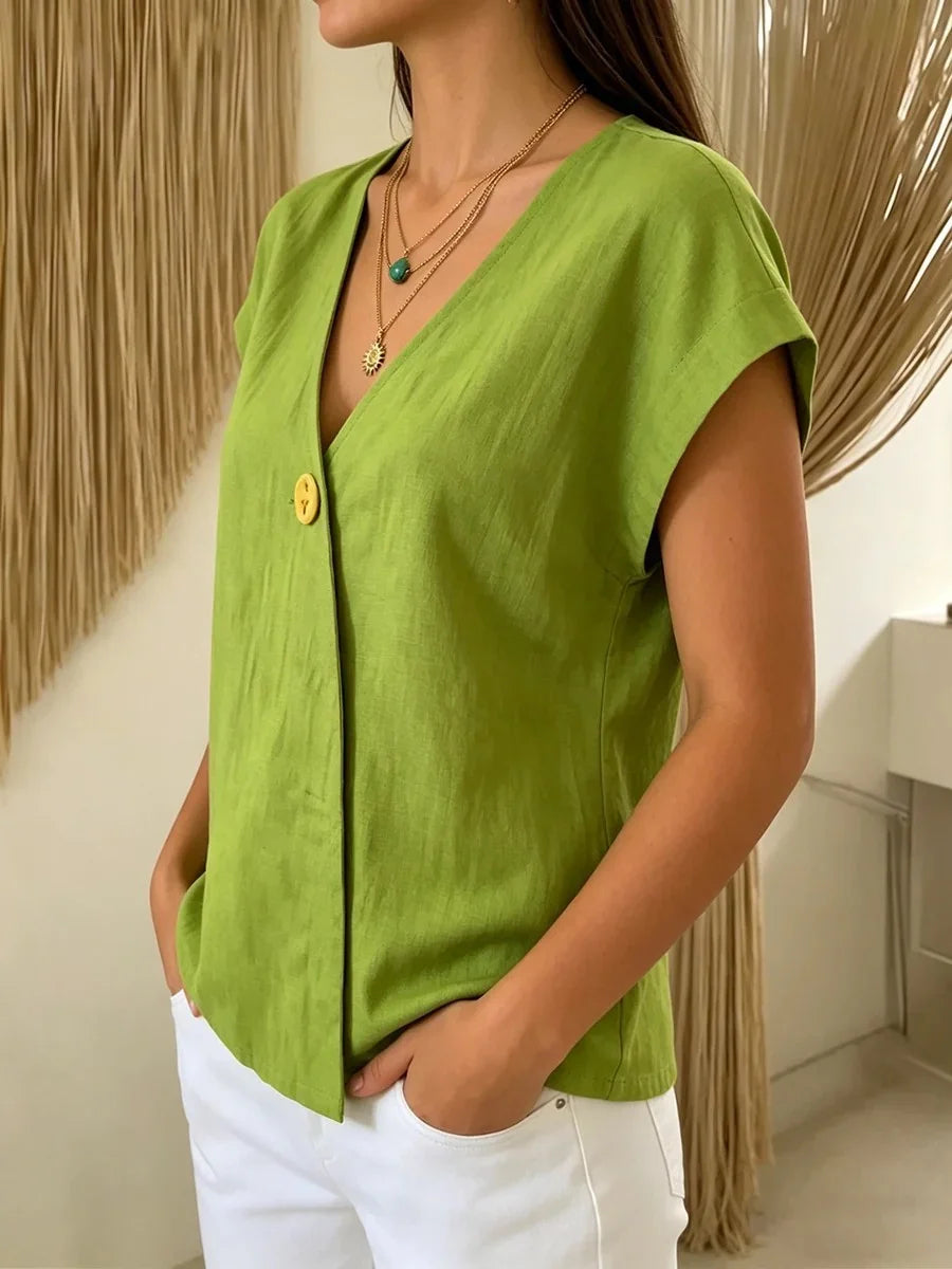 Plain Linen Blend Elegant Loose T-Shirt